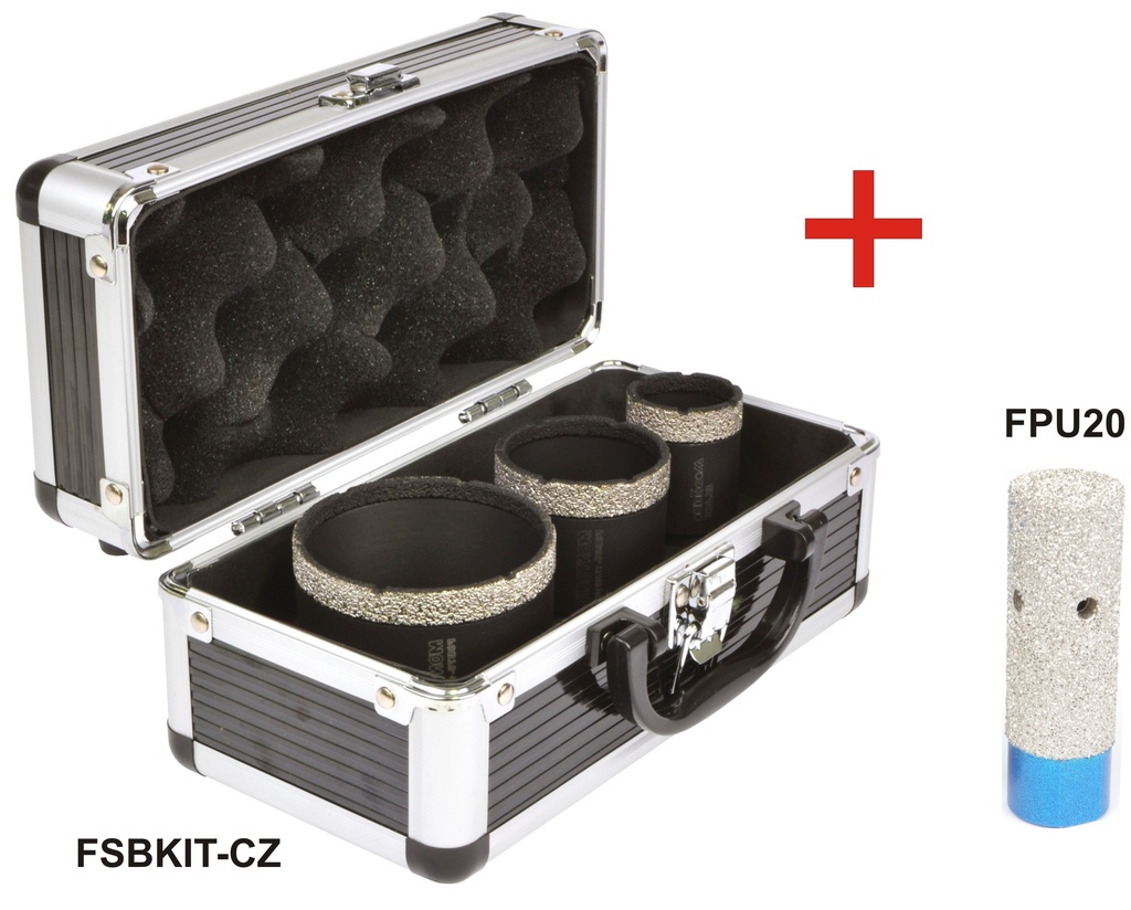 FSBKIT-CZ Mondrillo Black + FPU20, sada diamantových korunek  FSB 35, 50, 70 mm a FPU 20 na vrtání a zvětšování děr za sucha i mokra do tvrdé keramiky, slinuté dlažby, žuly, mramoru